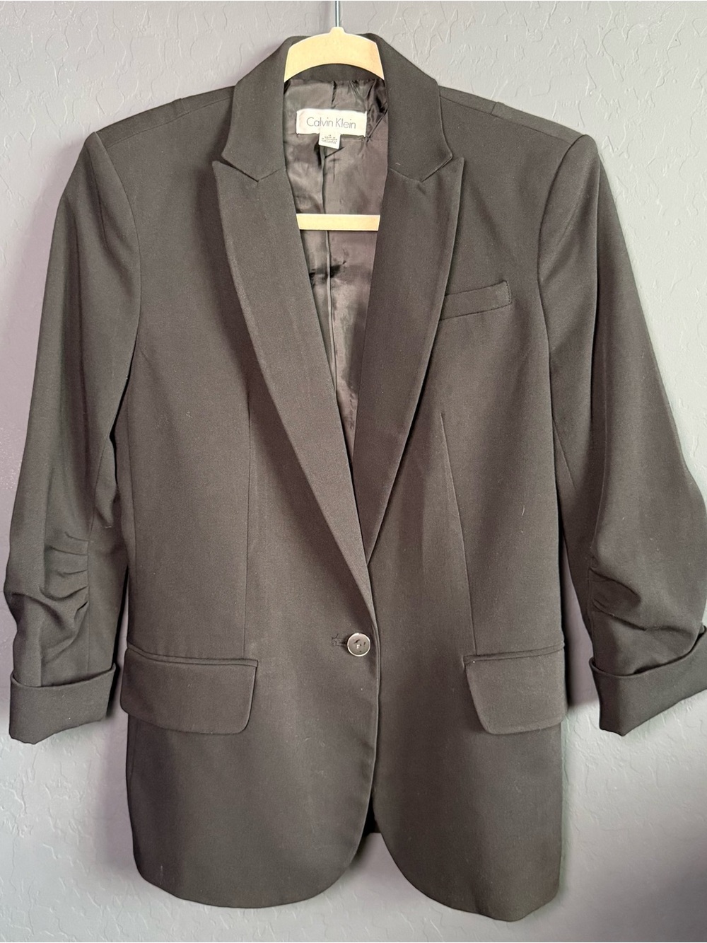 Calvin Klein Black Ruched 3/4 Sleeve Blazer Size 4